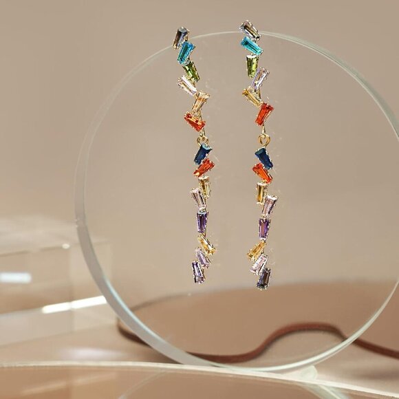 Colorful Gemstone Drop Earrings Hypoallergenic Gold Plated Jewelry Gift - Picture 3 of 4